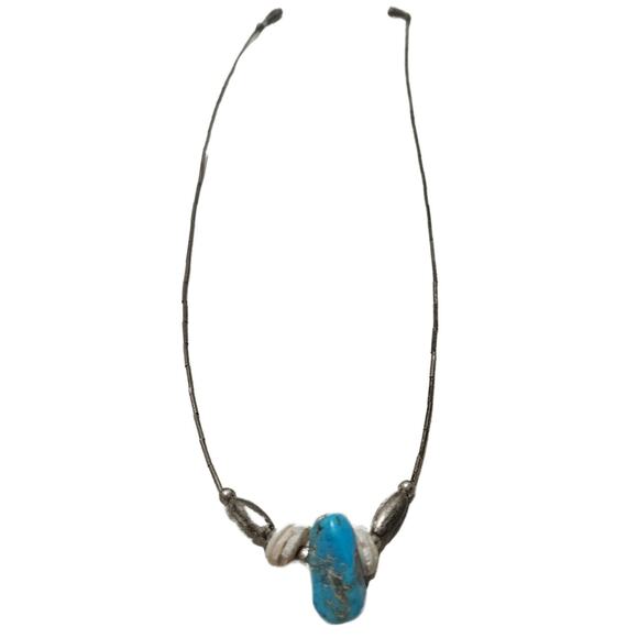 1970s Sterling Silver Liquid + Shell Beads + Turquoise Stone Necklace - Picture 5 of 6